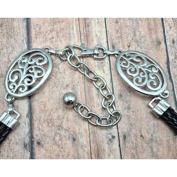 Ladies Silver Tone & Black Faux Leather Chain Belt Oval Swirl Size S Western - Picture 5 of 5